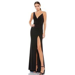 NEW Mac Duggal Spaghetti Strap Pearl Long Formal Dress Black Size US 4 $338 [jb]